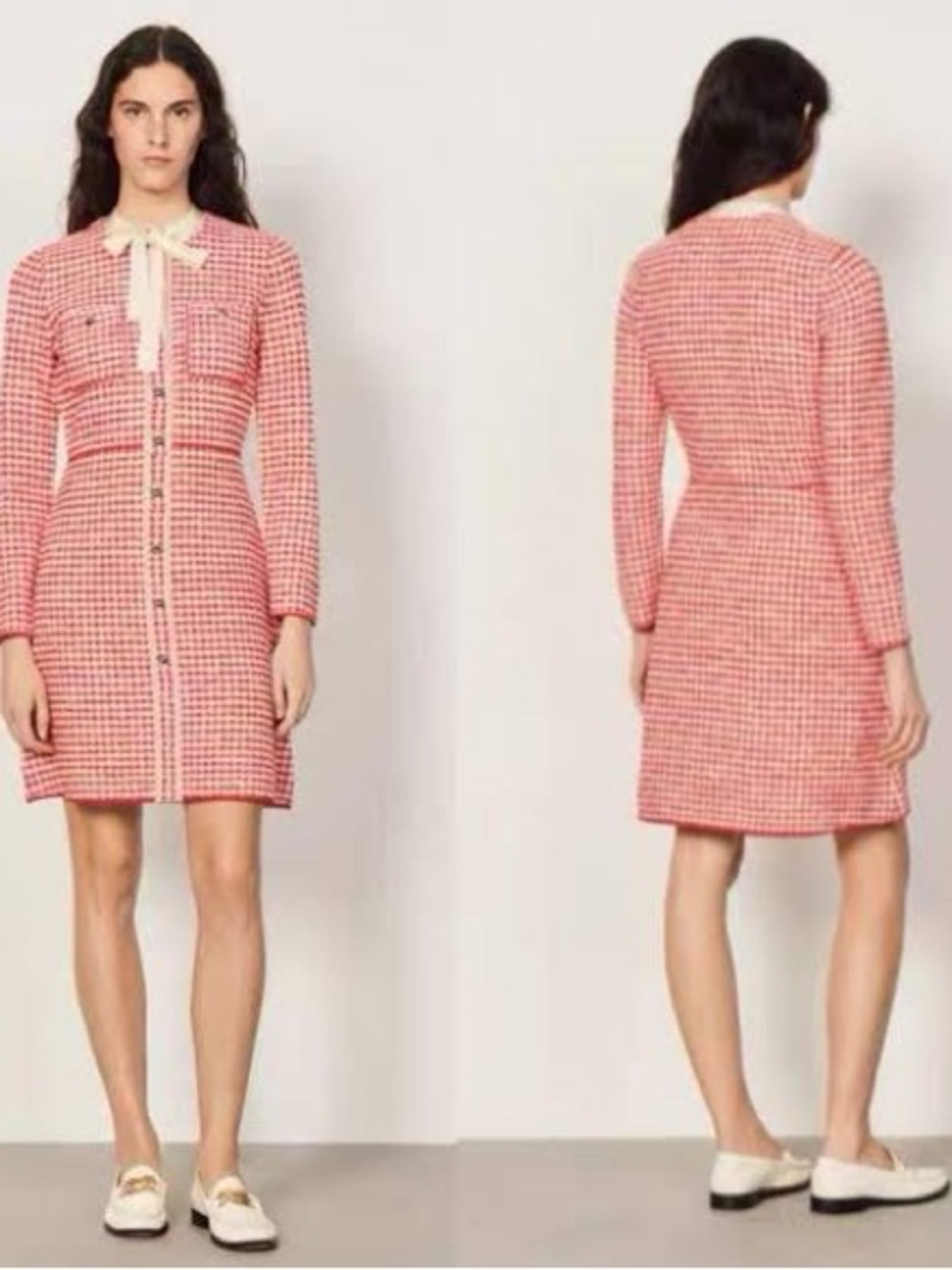 Sandro Red and White Houndstooth Knit Blazer Dress - Picture 4 of 9
